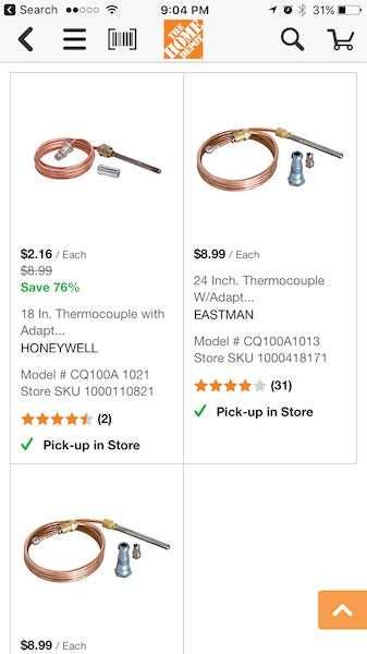 Home Depot] Honeywell thermocouple $2.16 YMMV - RedFlagDeals.com Forums