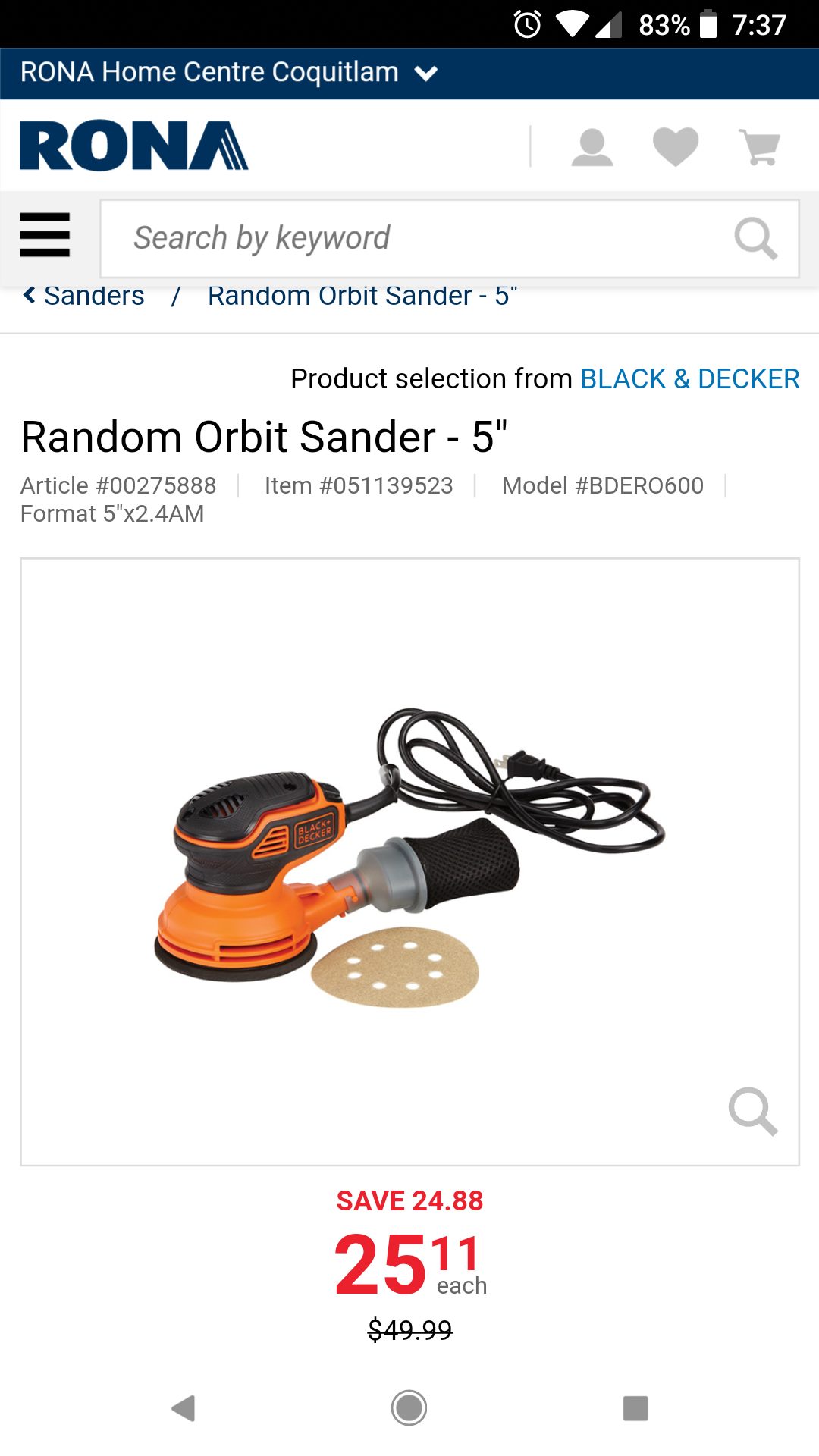 Black & Decker BDERO600 Random Orbit Sander