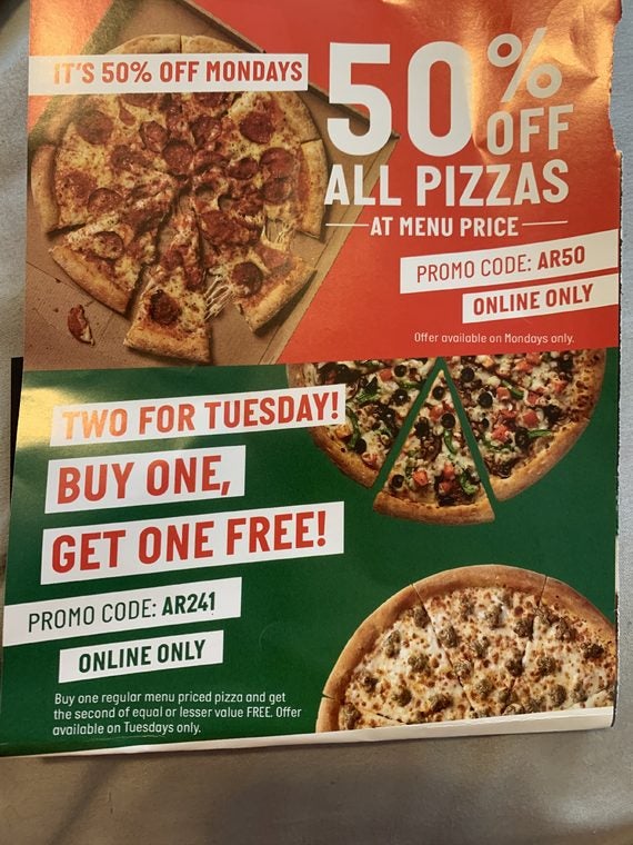 [Papa John's Pizza] 50% off all pizzas (Monday’s Only) or buy one get 1