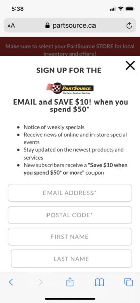 [PartSource] 10$ off $50 with partsource email subscription ...