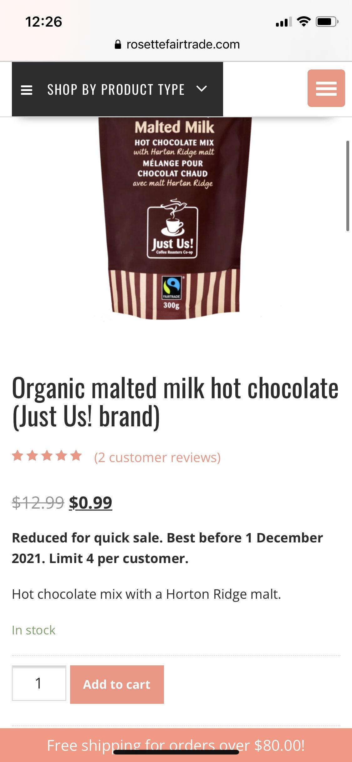 [Rosette Fair Trade] Organic fair trade hot chocolate on sale for 99