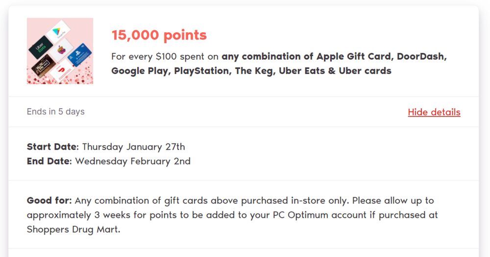 Purchase a $100 Apple Gift Card, get $15 back in PC Optimum points