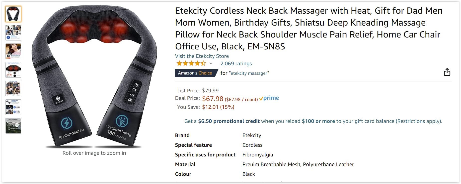  Etekcity Cordless Neck and Back Massager with Heat