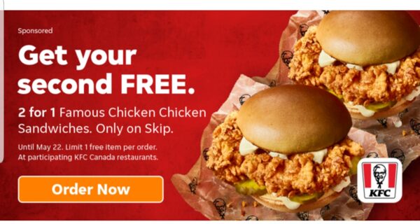 [Skip The Dishes] BOGO KFC Chicken Sandwich(YMMV) (One Order ...