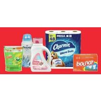 Gain Liquid Laundry Detergent or Flings, Downy Light or Unstopables or Fabric Softener, Ivory Snow Newborn Detergent, Bounce Sheets, Charmin Bathroom Tissue Mega or Bounty Paper Towels