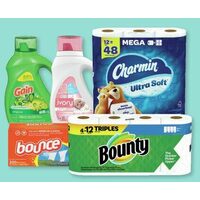 Gain Liquid Laundry Detergent or Flings Downy Light or Unstopables or Fabric Softener Ivory Snow Newborn Detergent Bounce Sheets Charmin Bathroom Tissue Mega or Bounty Paper Towels 