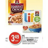 PC Blue Menu Granola Boost, Quaker Life Or Harvest Crunch Cereal