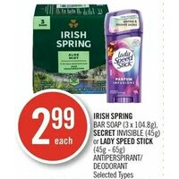 Irish Spring Bar Soap, Secret Invisible Or Lady Speed Stick Antiperspirant/Deodorant