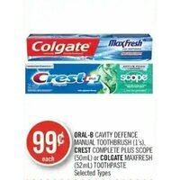 Oral-B Cavity Defence Manual Toothbrush, Crest Complete Plus Scope Or Colgate Maxfresh Toothpaste
