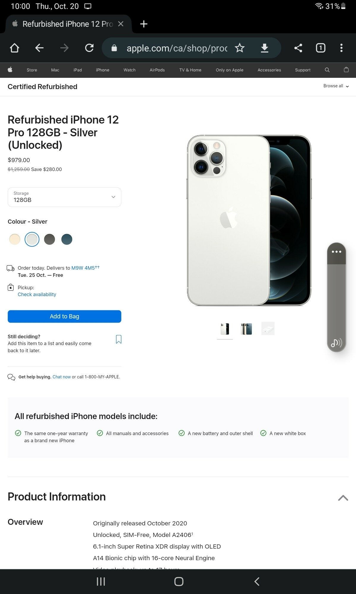 Apple] Apple Refurbished iPhone 12 Pro 128GB - Silver (Unlocked