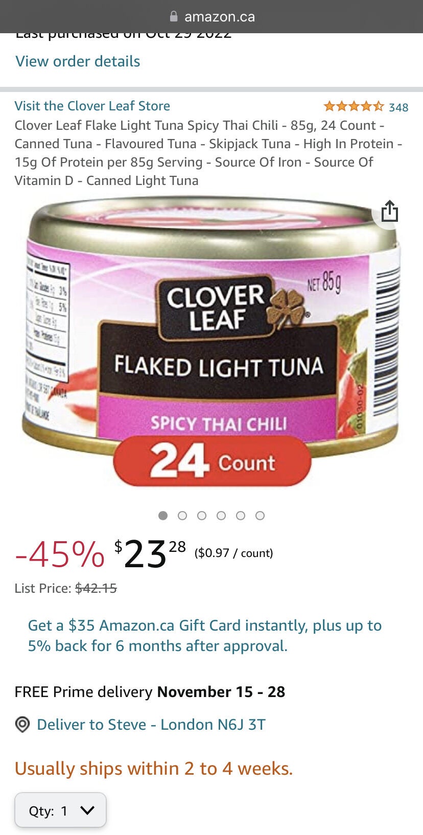 .ca] Clover Leaf Solid Light Tuna In Pure Olive Oil / Spicy