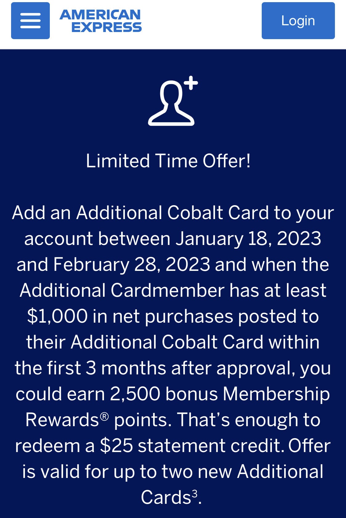 [American Express] Cobalt Cardholders Add a Supp. Card, Get 2,500
