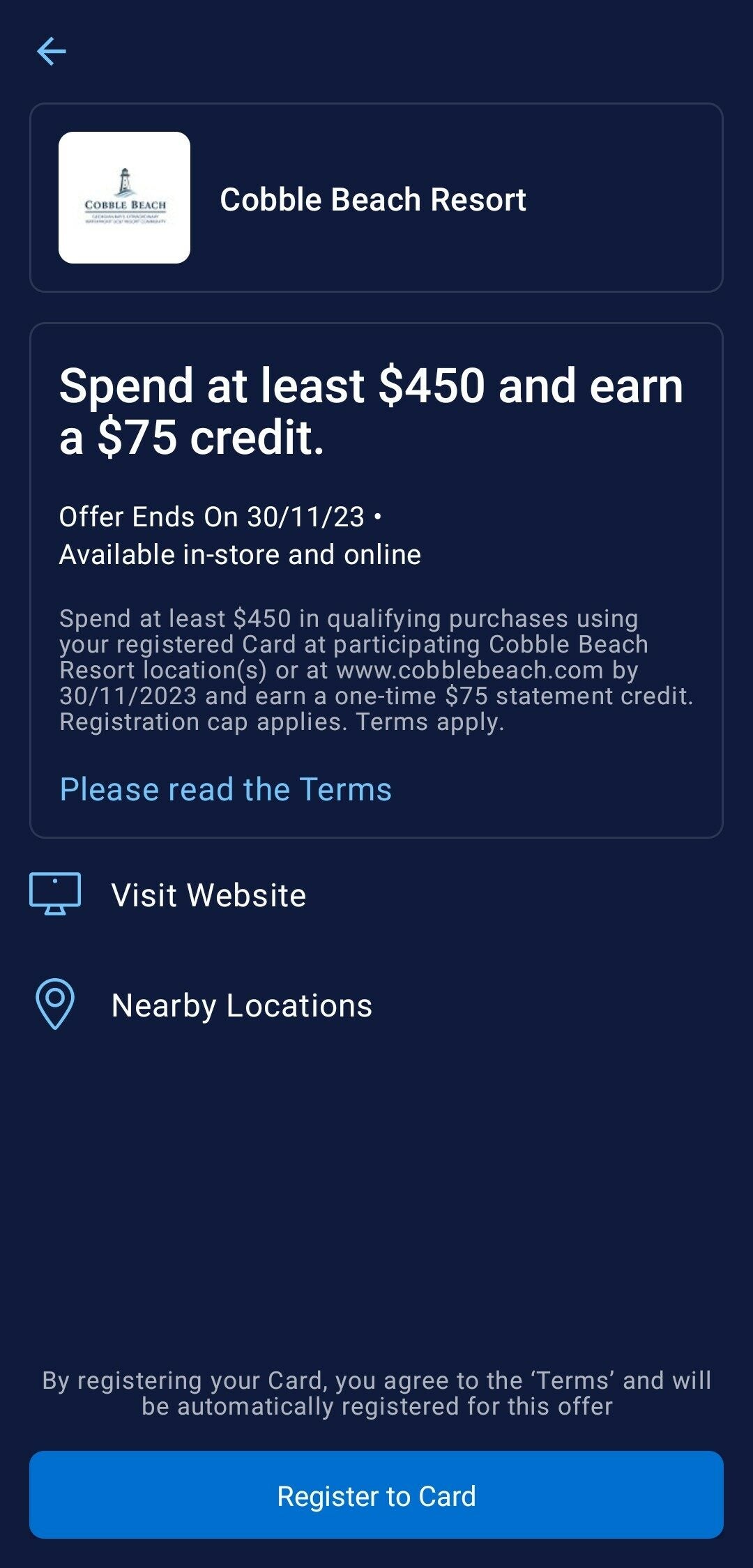 [American Express] [Cobble Beach Resort] Spend at least 450 and earn a