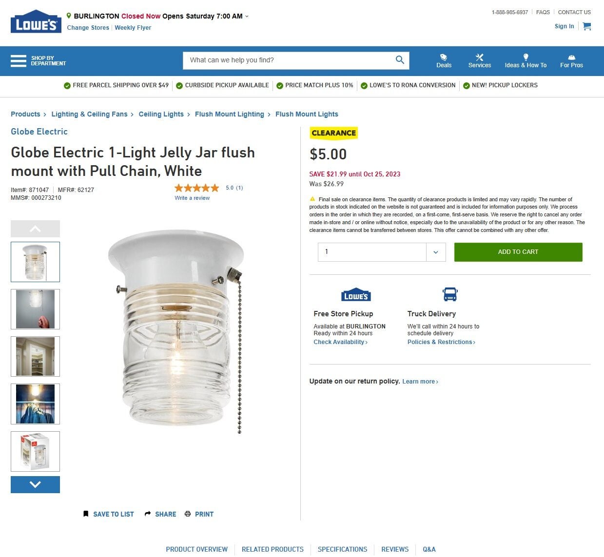 [Lowe's] Globe Electric 1Light Jelly Jar flush mount with Pull Chain