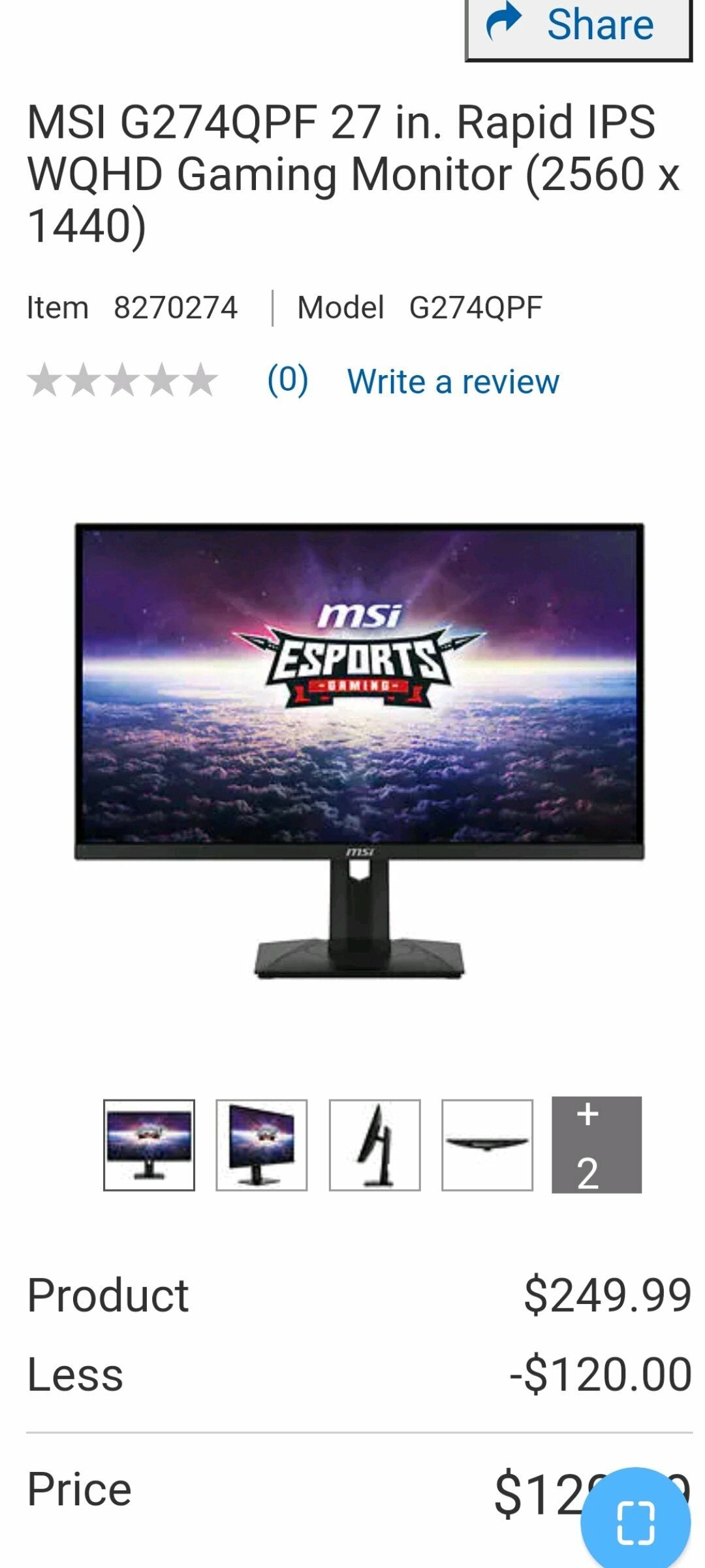 [Costco] MSI G274QPF 27 in. Rapid IPS WQHD Gaming Monitor (2560 x 1440