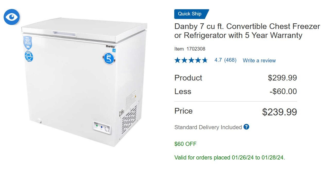 [Costco] Last Day! Danby 7cu ft. Convertible Chest Freezer/Fridge with 5 Year Warranty 239.99