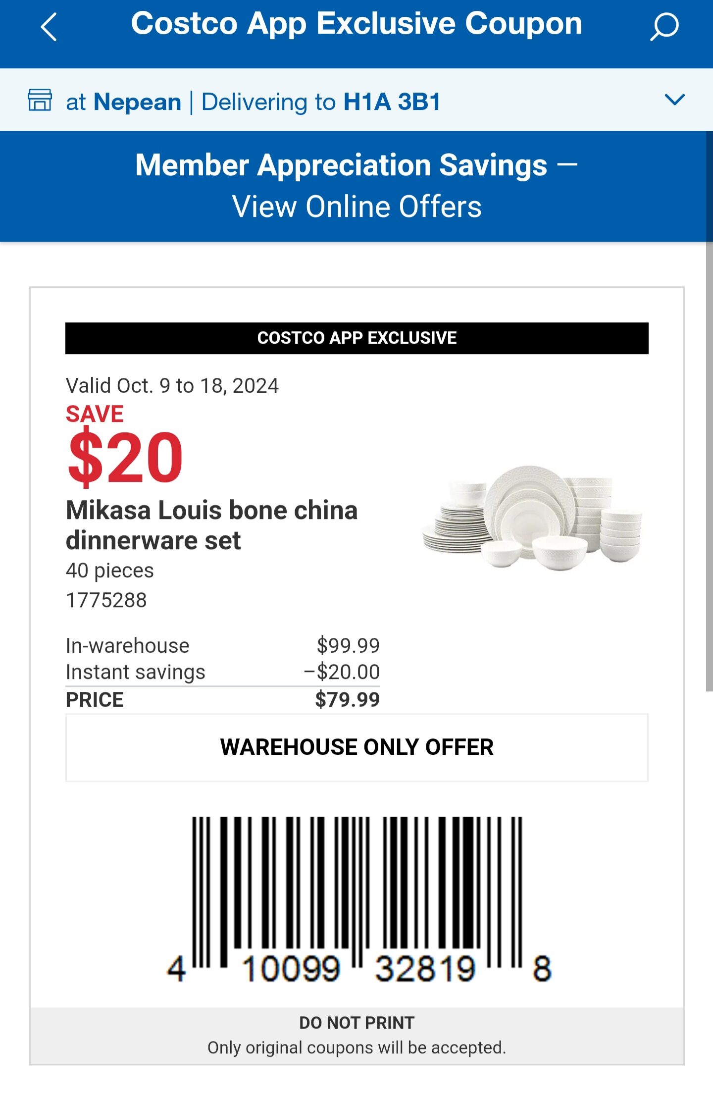 [Costco] Costco App only deal Mikasa dinnerware 79.99 after coupon