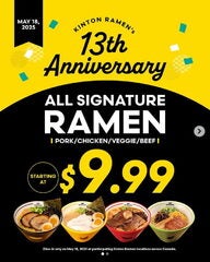 [AB,BC,MB,ON,QC] 13th Anniversary (May 18 dine-in only): $9.99-$11.99 on Signature Ramen @ participating locations