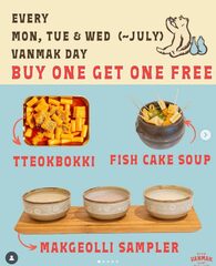 [Surrey & Vancouver BC] Mon-Wed 3pm-9pm until July 30th 2025: BOGO Free (Tteokbokki, Fish Cake Soup, Makgeolli Sampler)