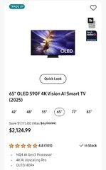 $2125 Samsung Oled (2025) S90F, 65" at Samsung.ca via Perkopolis
