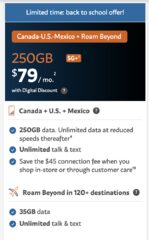 $79 Global Plan 250GB 5G+ Can/US/Mexico + 35GB in 120+ Destinations + Watch + Tablet Plan