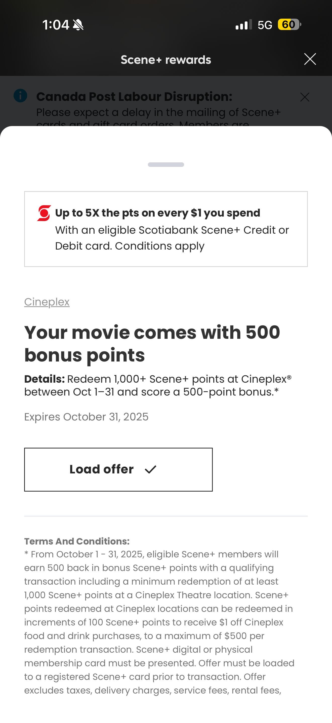 [Scene+] Redeem 1000 Scene+ Pts ($10) Get 500 Pts ($5) Back at Harveys ...