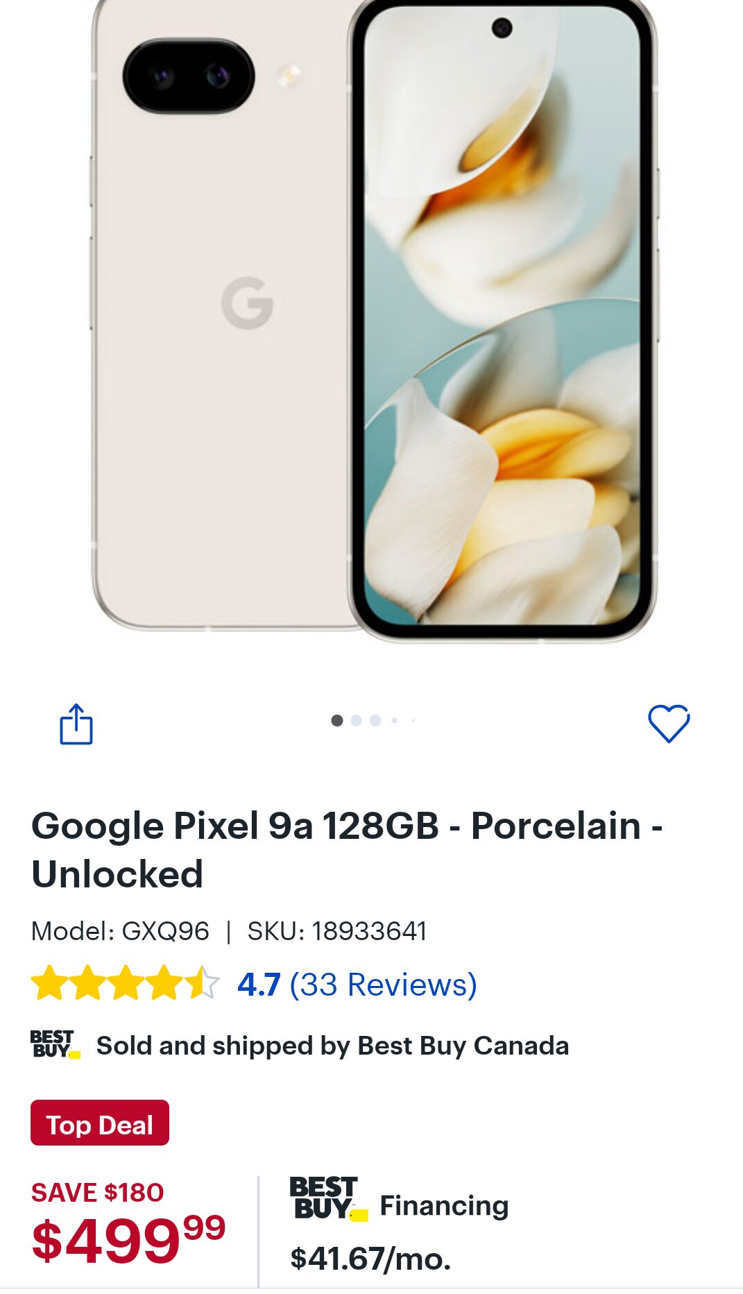 Best Buy] Google Pixel 9a 128GB Porcelain, Unlocked - $499.99