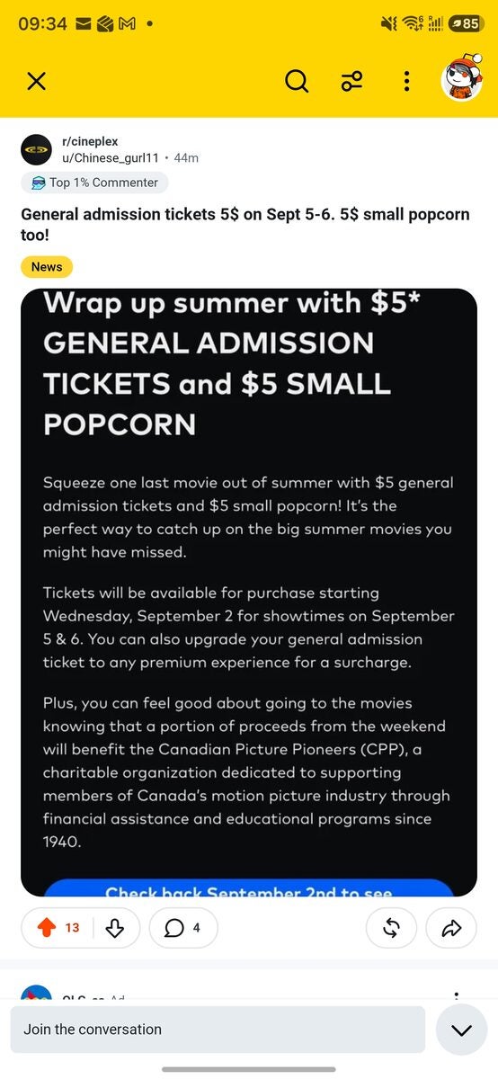 Cineplex: Vé xem phim $5 + bỏng ngô nhỏ $5 (5-6/9, toàn quốc)