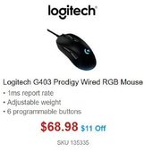 Logitech G403 Prodigy Wired RGB Mouse  - $68.98 ($11.00  off)